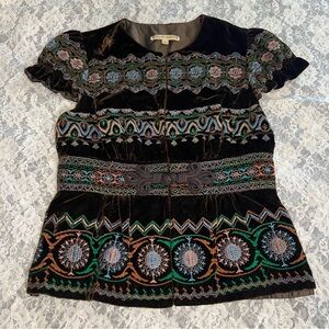 Nanette Lepore Vintage Embroidered Chocolate Brown Velvet Top